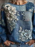 Vintage Floral Embroidered Colorblock Patchwork Linen Tunic