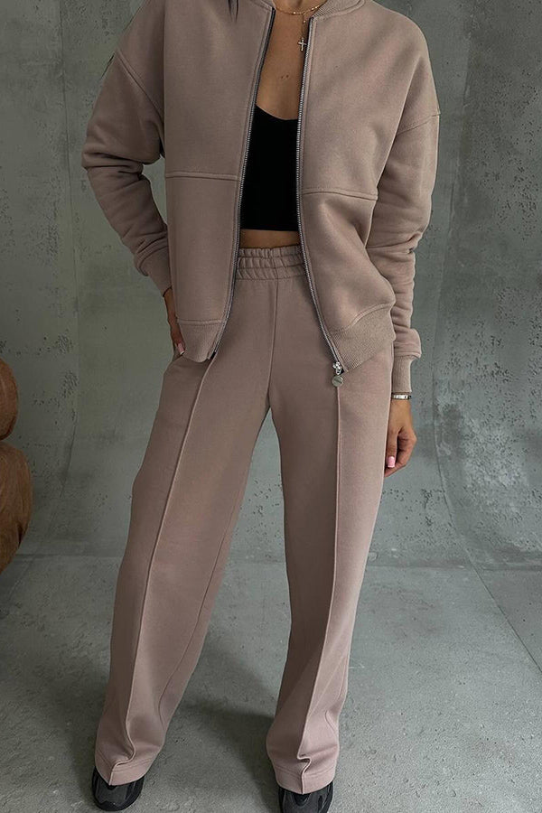 Color Long Sleeve Zipper Jacket and Elastic Waist Pocket Wide Leg Pants Set