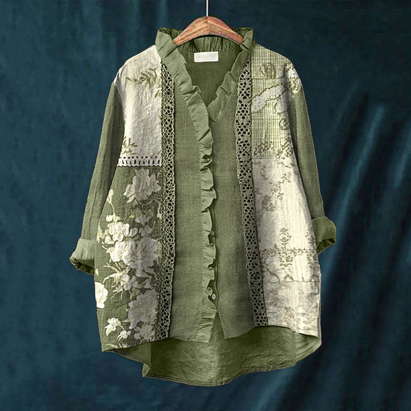 Floral Pattern Lace Patchwork Linen Ruffle Shirt elevenforest