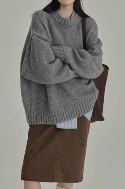 Minimalist Retro Crewneck Color Loose Fit Knit Sweater