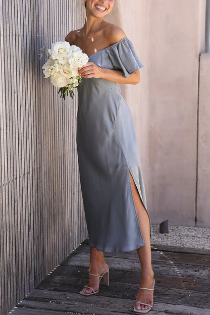 Side Split Midi Dress: Off the Shoulder Flutter Sleeve