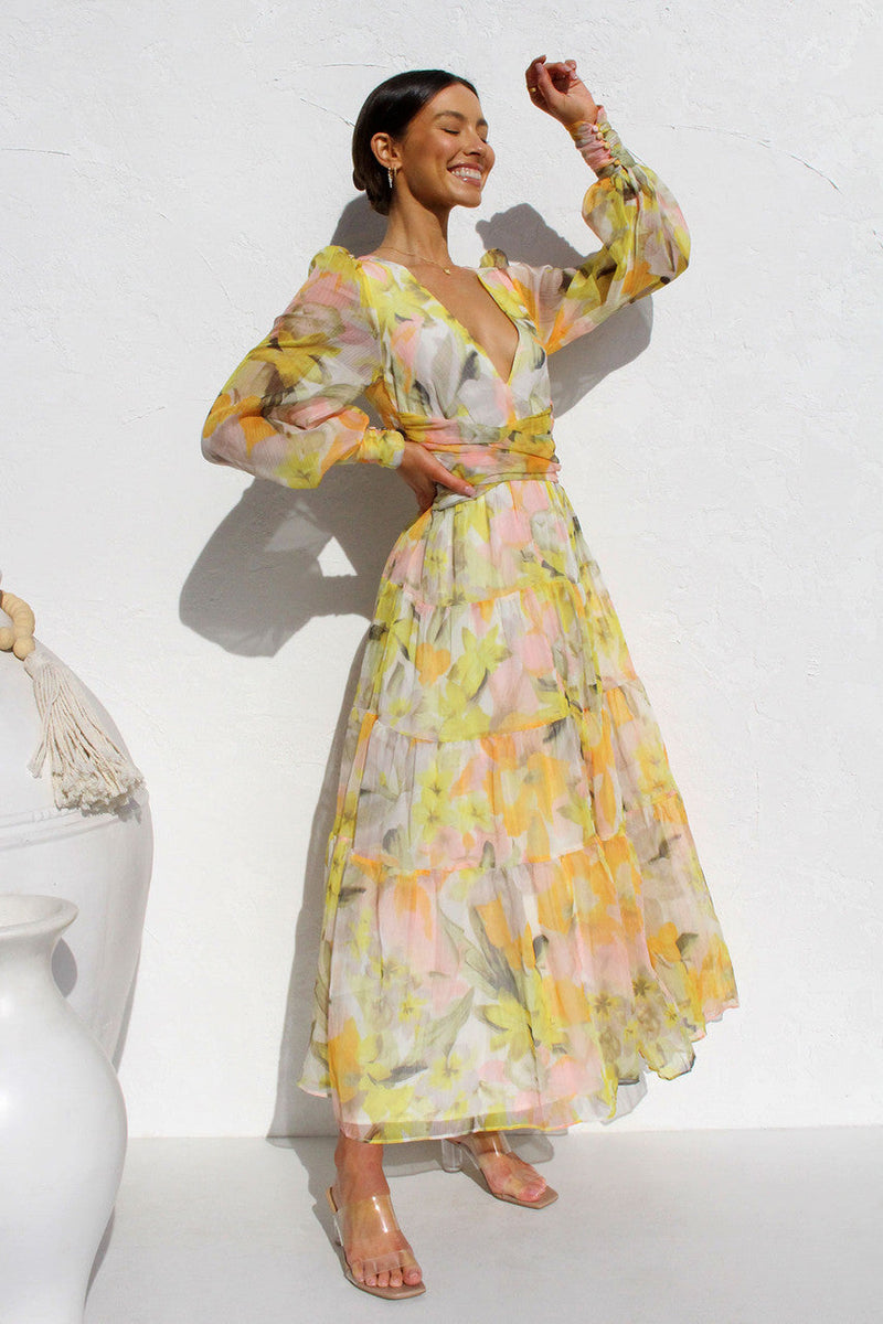 Painted Inspiration Balloon Sleeves Maxi Dress