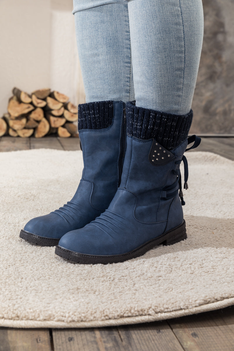 En Bloom | Navy Ruched Back Tie-accent Combat Boot
