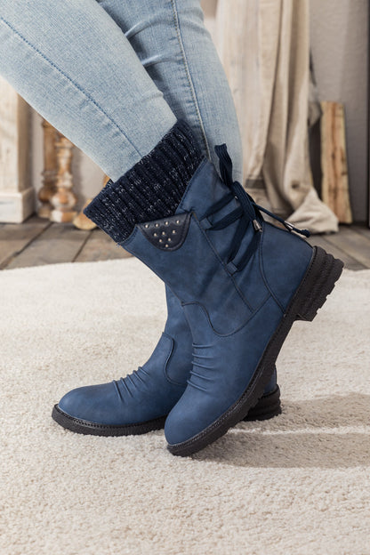 En Bloom | Navy Ruched Back Tie-accent Combat Boot
