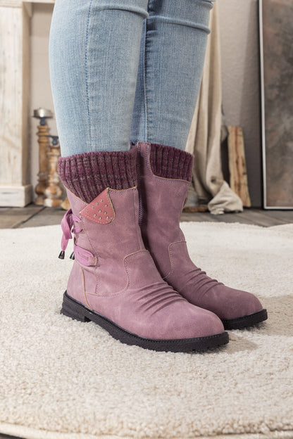 En Bloom | Purple Ruched Back Tie-accent Combat Boot