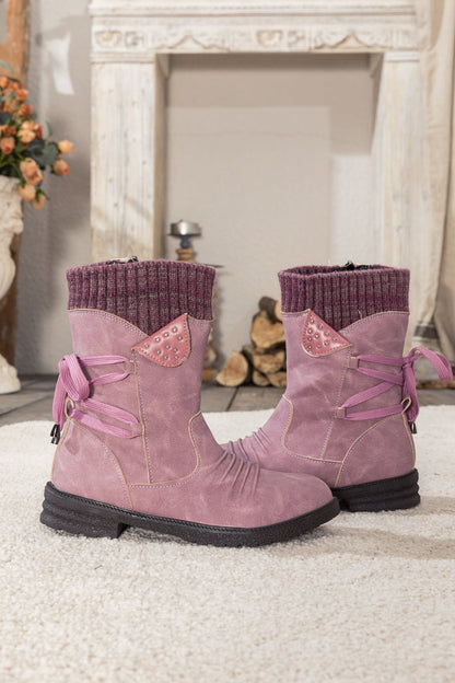 En Bloom | Purple Ruched Back Tie-accent Combat Boot