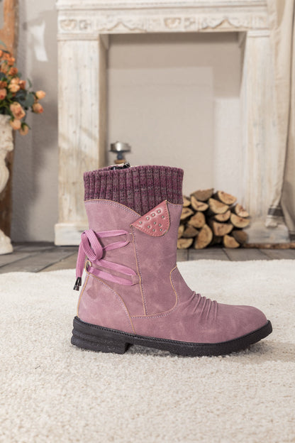 En Bloom | Purple Ruched Back Tie-accent Combat Boot