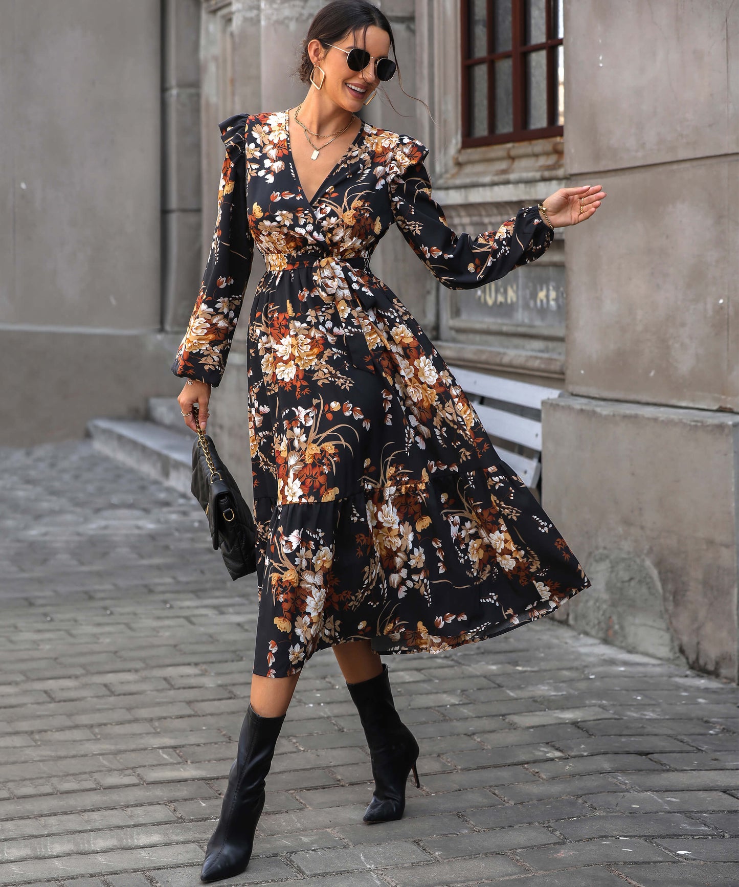 Harvest Love Print Tiered Midi Dress