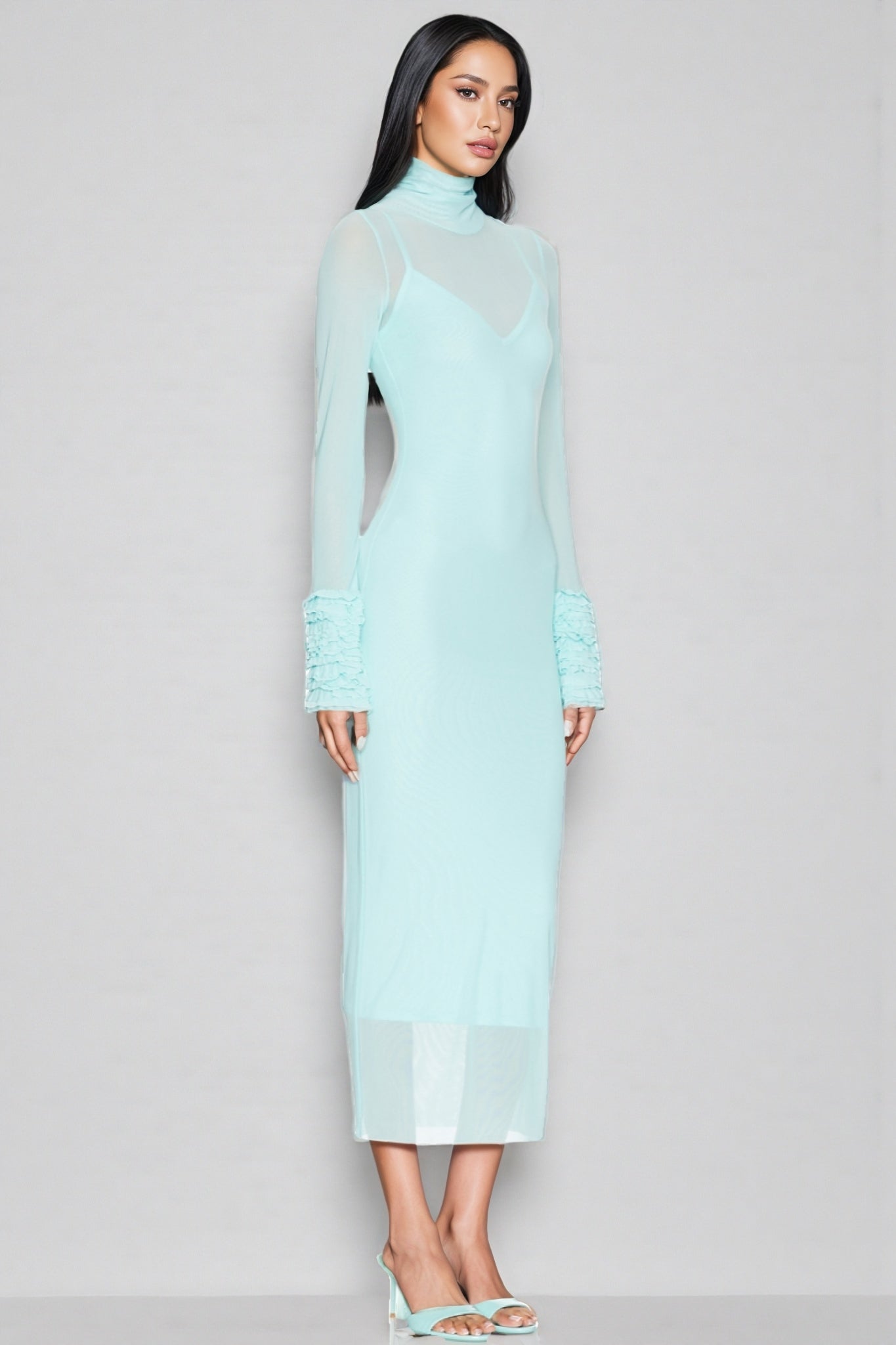 Abrife Blue Sheer Mesh Maxi Dress