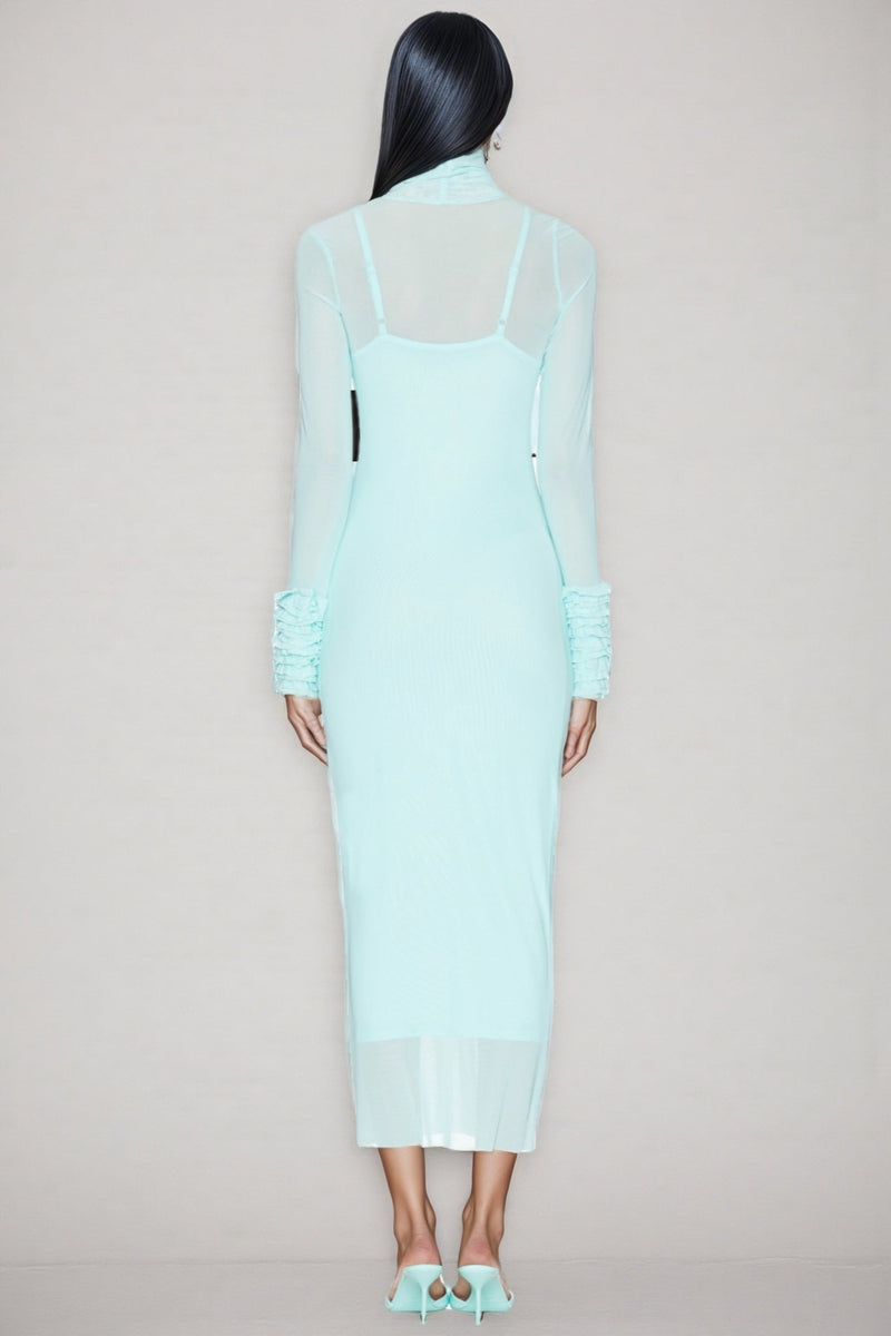 Abrife Blue Sheer Mesh Maxi Dress