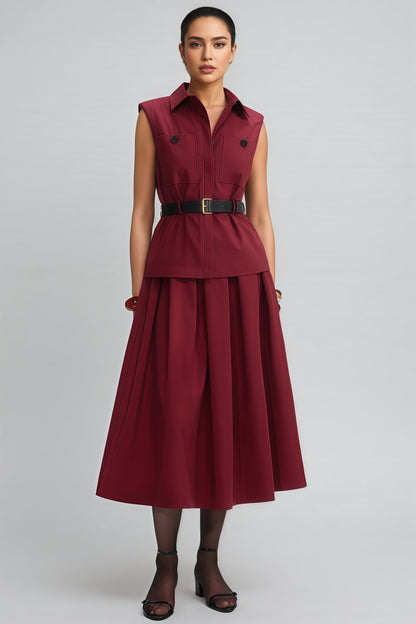 Raelith Red Twill Belted Midi Dress Set