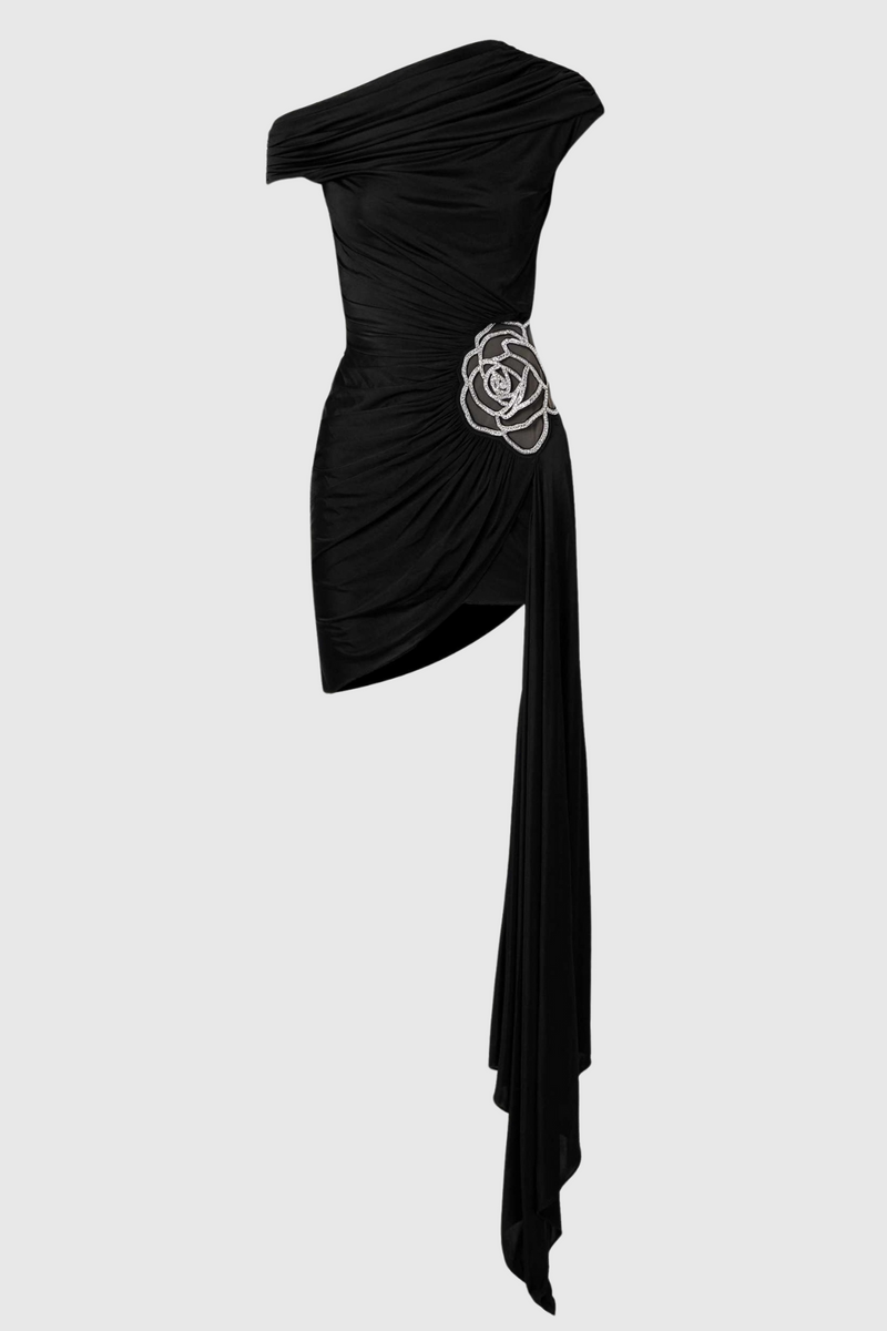 Janett One Shoulder Embellished Mini Dress - Black
