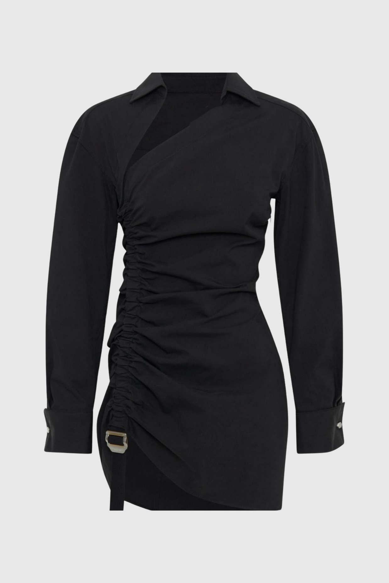 Adamar Asymmetric Buckle Ruched Mini Shirt Dress