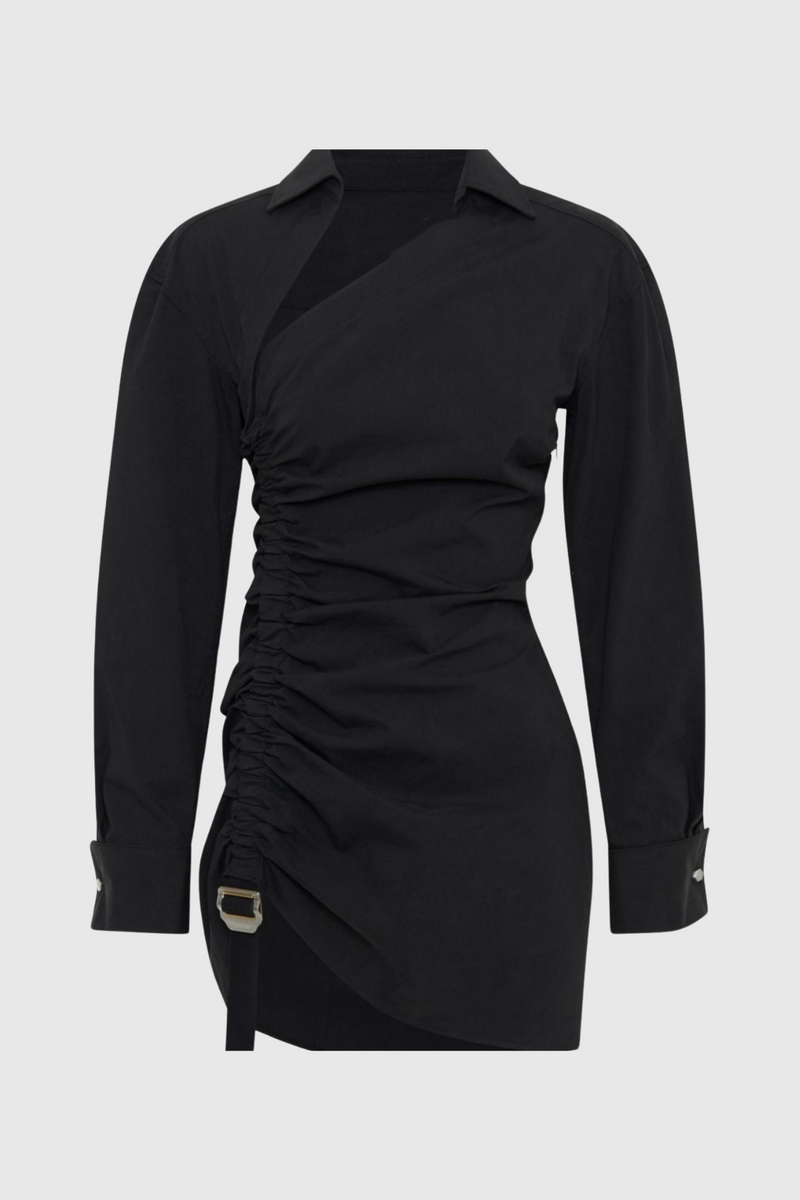 Adamar Asymmetric Buckle Ruched Mini Shirt Dress