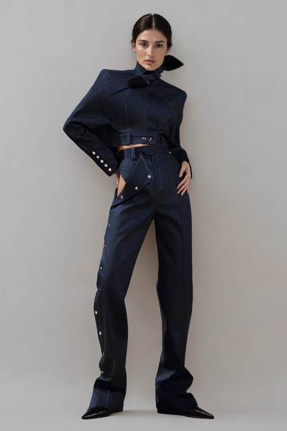 Adia Lace Up Buckle Denim Pants Set in Blue