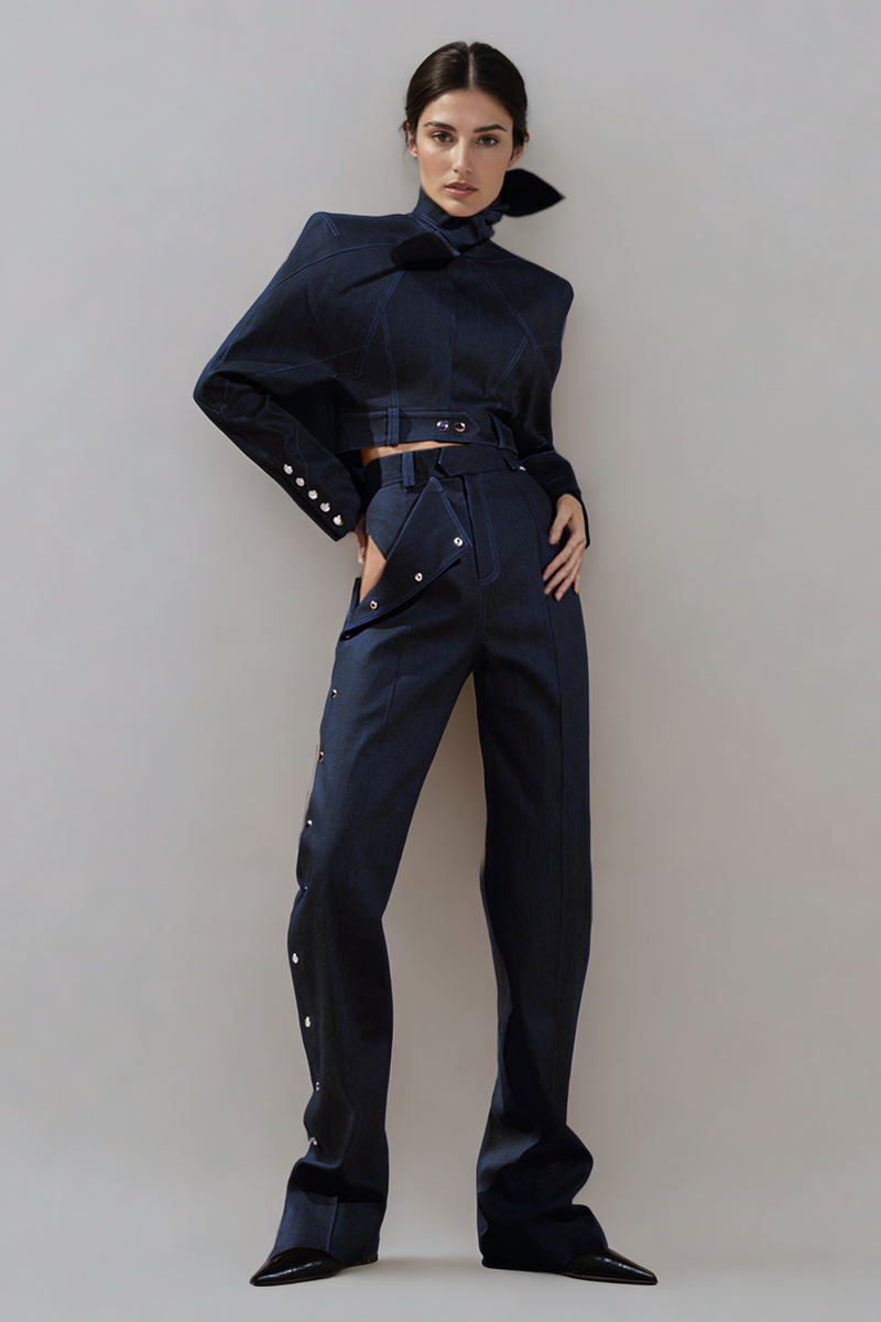 Adia Lace Up Buckle Denim Pants Set in Blue