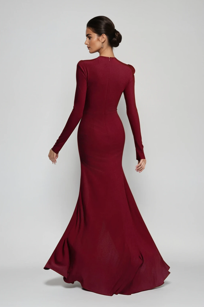 Adobe Long Sleeve Rhinestone Flower Maxi Dress in Red