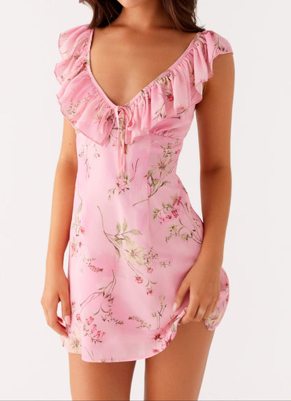 Venezia Ruffle Mini Dress - Pink Print