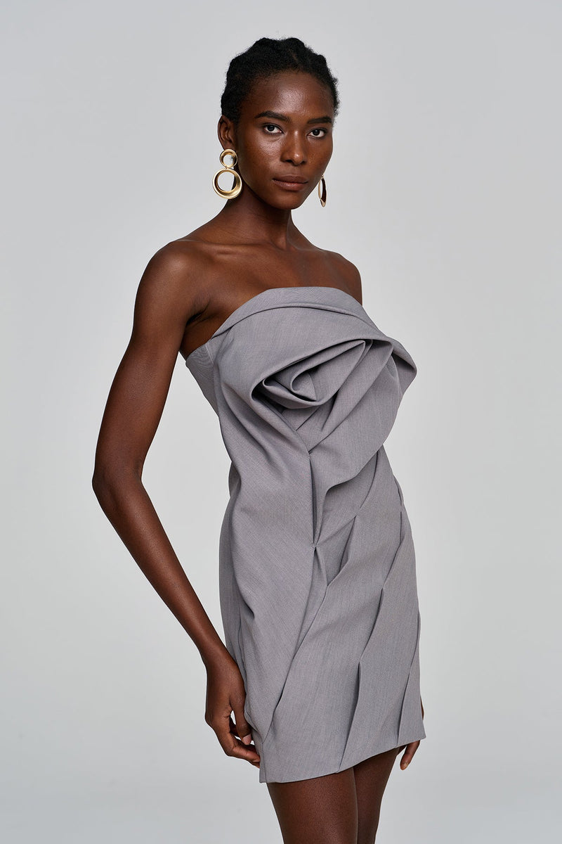 Aeronwen Flower Strapless Ruch Mini Dress in Grey