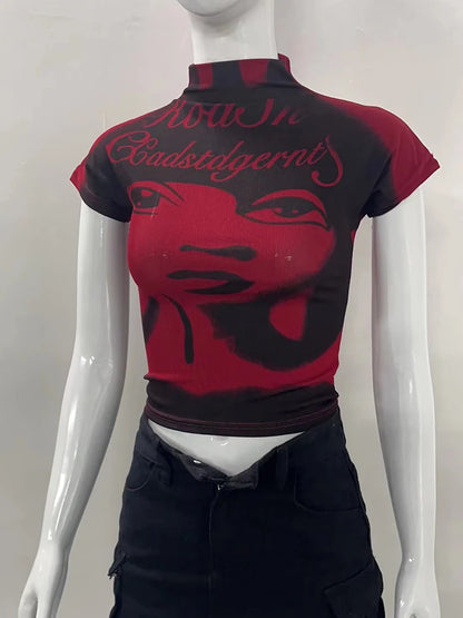 Aesthetic Short Sleeve T-shirt Summer Y2k Clothes Gothic Girl Crop Tops Print Baby Tee
