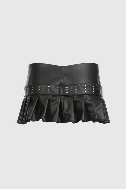 Afia Buckle Ruffle Split Short Leather Skirt