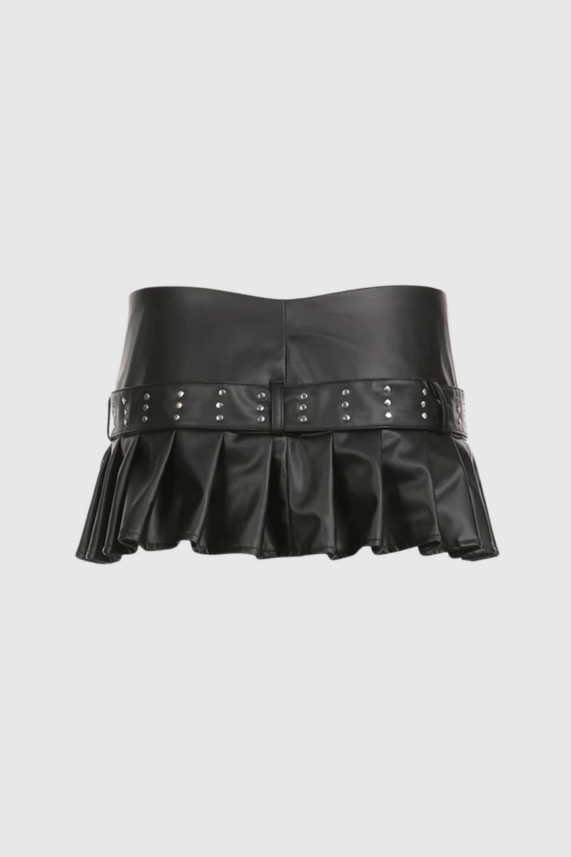 Afia Buckle Ruffle Split Short Leather Skirt