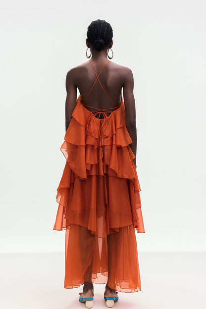 Ailish Backless Flower Ruch Maxi Dress in Orange