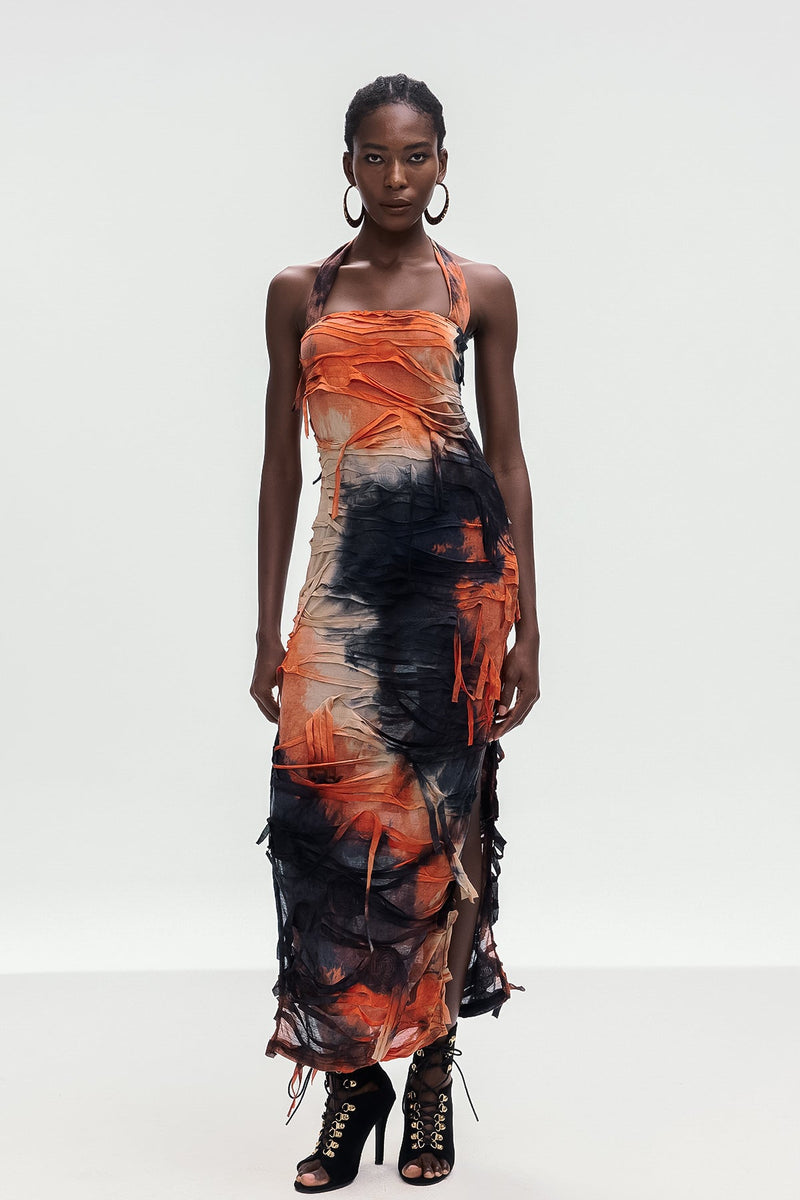 Ainmuire Tie Dye Fringe Split Maxi Dress