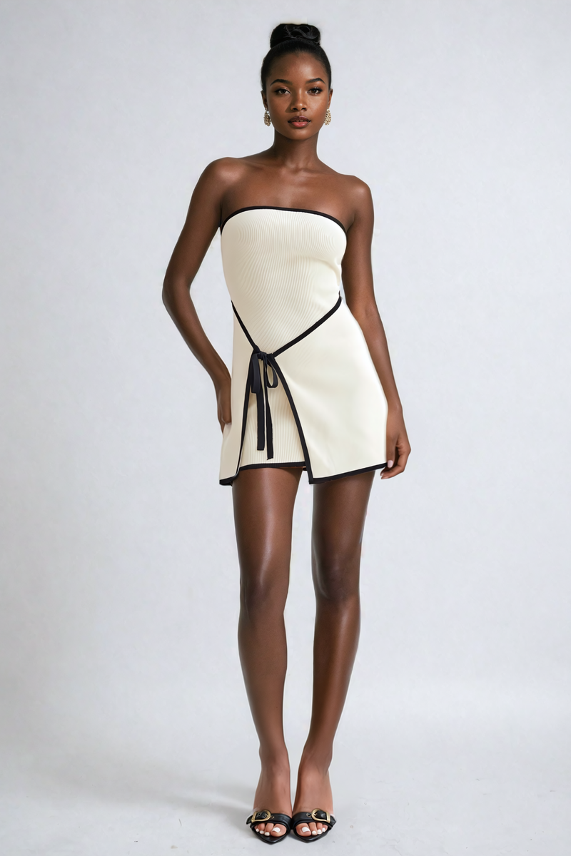 Ainsley Strapless Lace Up Knit Mini Dress in White