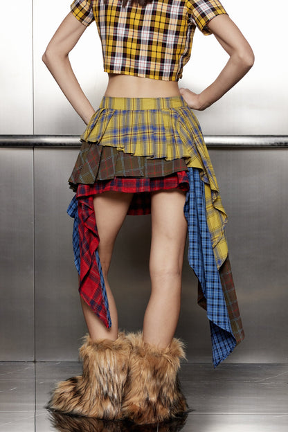Akifumi Grid Patchwork Ruffle Asymmetric Skirt