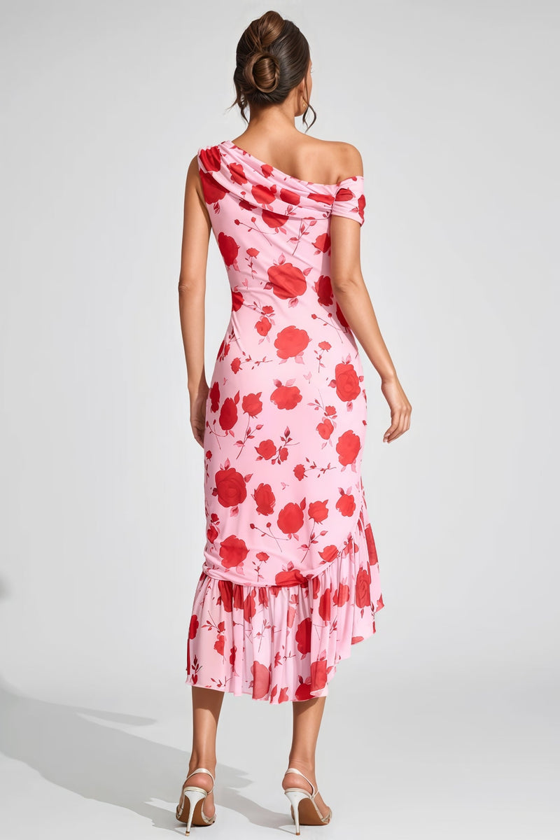 Eugene Pink Rose Print One Shoulder Midi Dress