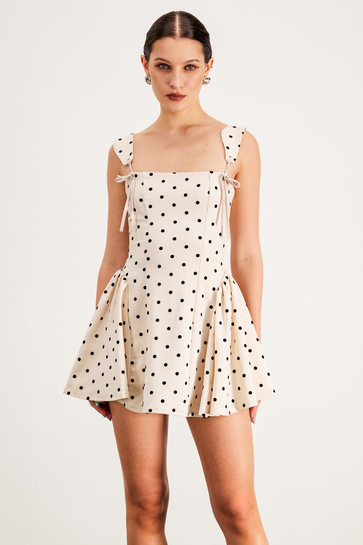 Aleta Lace Up Spaghetti Ruffle Mini Dress in White