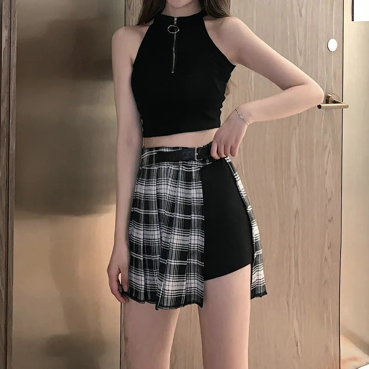 Tartan Red Pleated Streatwear Plaid Side Button Mini Skirt