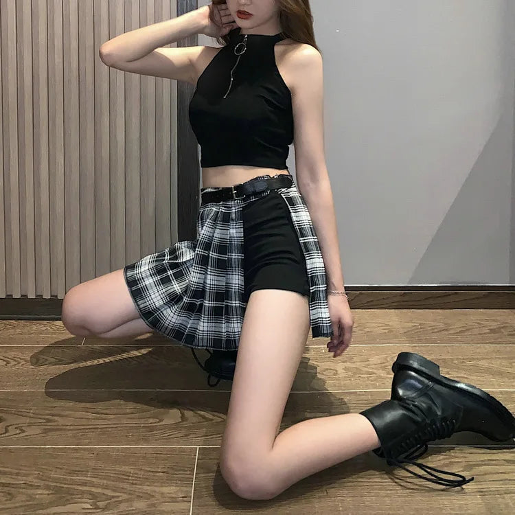 Tartan Red Pleated Streatwear Plaid Side Button Mini Skirt
