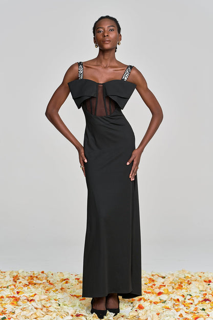 Almira Bow Lace Rhinestone Split Maxi Dress