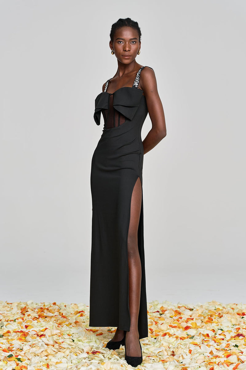 Almira Bow Lace Rhinestone Split Maxi Dress