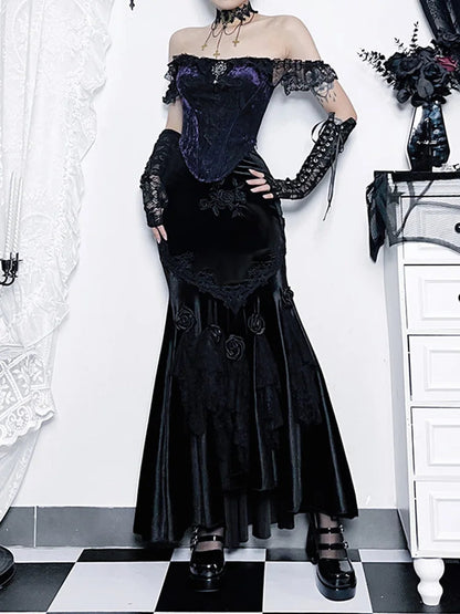 Trumpet Mall Goth Florals Patchwork High Waist Aesthetic Fairycore Skirt