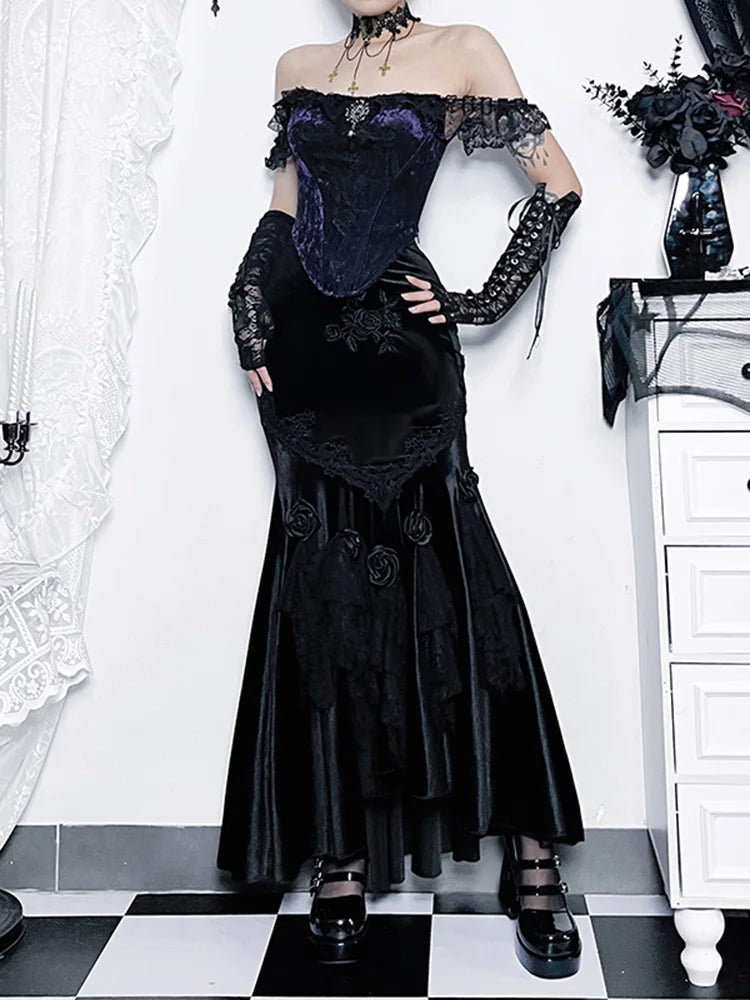 Trumpet Mall Goth Florals Patchwork High Waist Aesthetic Fairycore Skirt