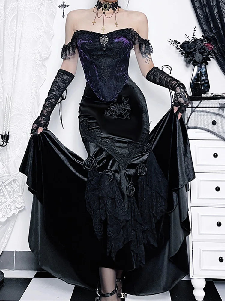Trumpet Mall Goth Florals Patchwork High Waist Aesthetic Fairycore Skirt