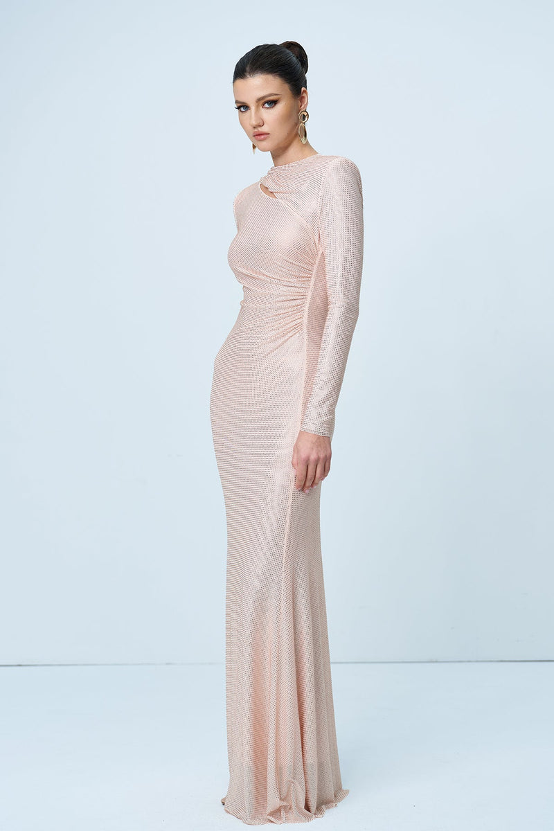 Alter Rhinestone Cutout Ruch Maxi Dress in Apricot