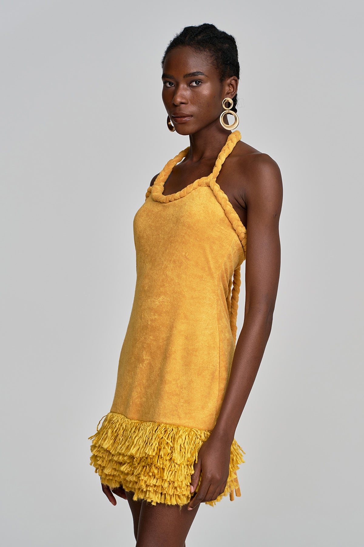 Alvis Bodycon Fringe Twist Knit Mini Dress in Yellow