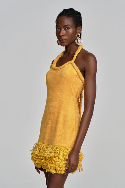 Alvis Bodycon Fringe Twist Knit Mini Dress in Yellow