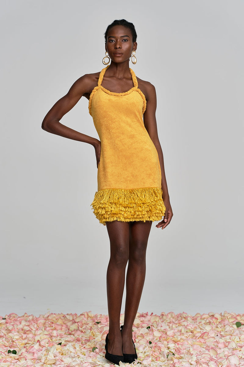 Alvis Bodycon Fringe Twist Knit Mini Dress in Yellow