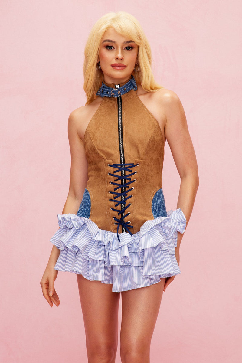 Alyce Deconstruct Lace Up Ruffle Mini Dress in Brown