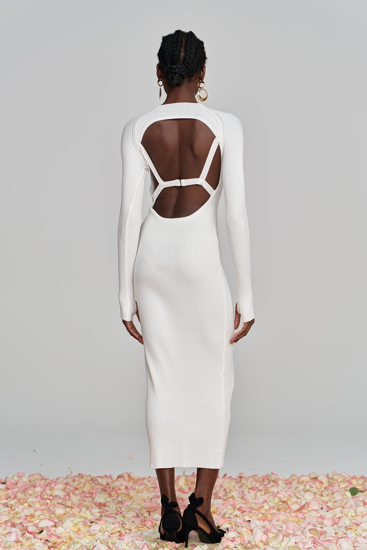 Amaury Cutout Ruffle Knit Maxi Dress in Apricot