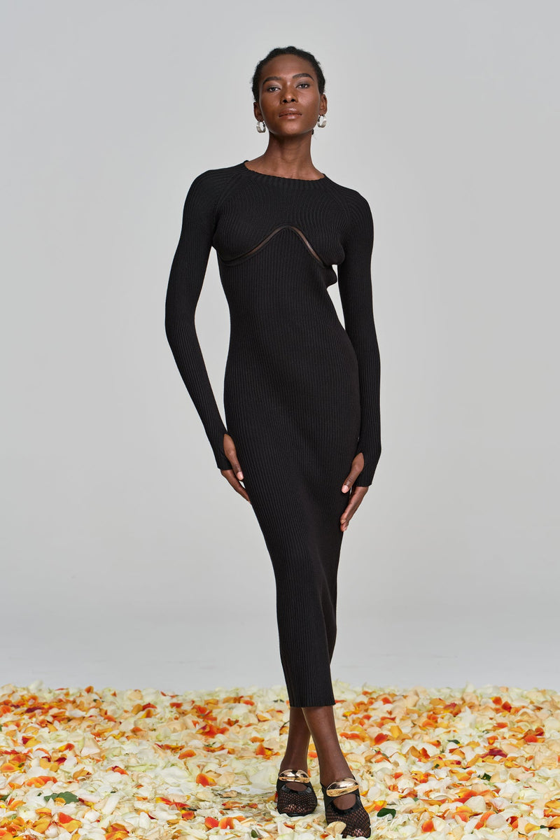 Amaury Cutout Ruffle Knit Maxi Dress in Black