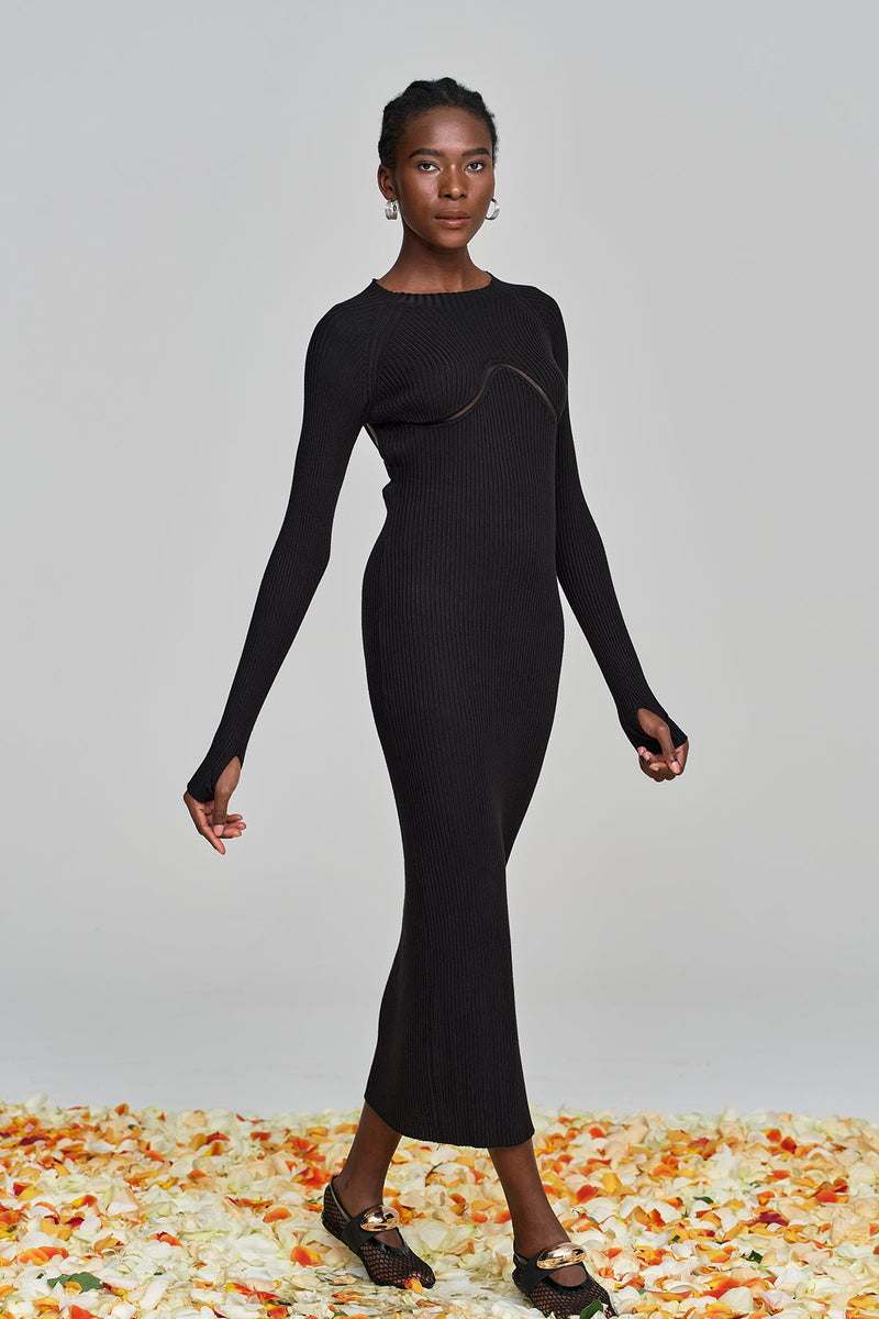 Amaury Cutout Ruffle Knit Maxi Dress in Black