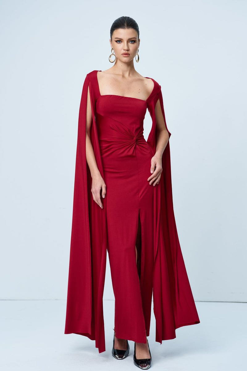 Amazu Shawl Split Ruch Maxi Dress in Red