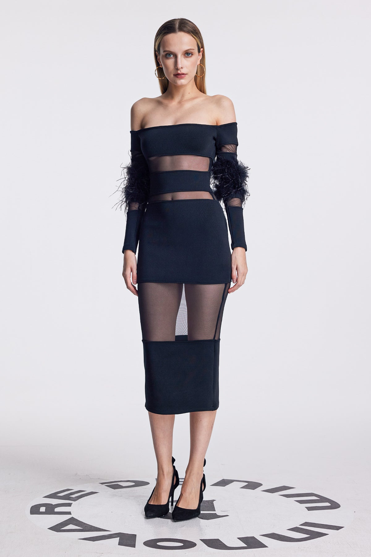 Amber Mesh Deconstruct Feather Maxi Dress in Black
