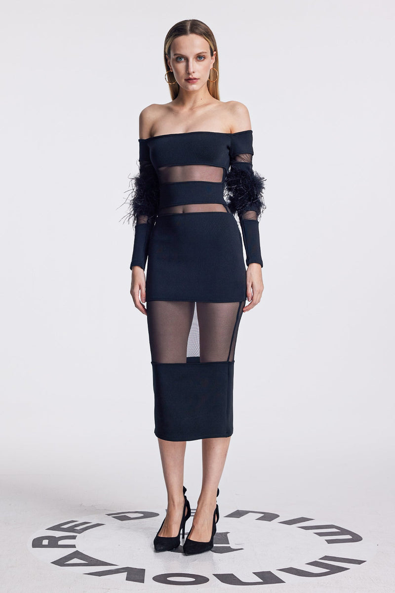 Amber Mesh Deconstruct Feather Maxi Dress in Black